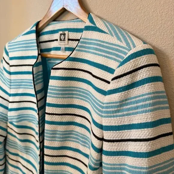 Anne Klein Preppy Blue Striped Open Front Cardigan Jacket Womens Sz 12 Nautical - Picture 3 of 11